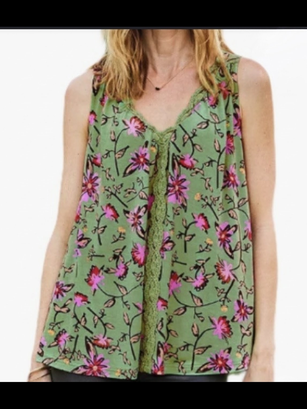 $12 Matilda Jane Size M Wish You Were Here Floral Tank Top Green Crochet Lace